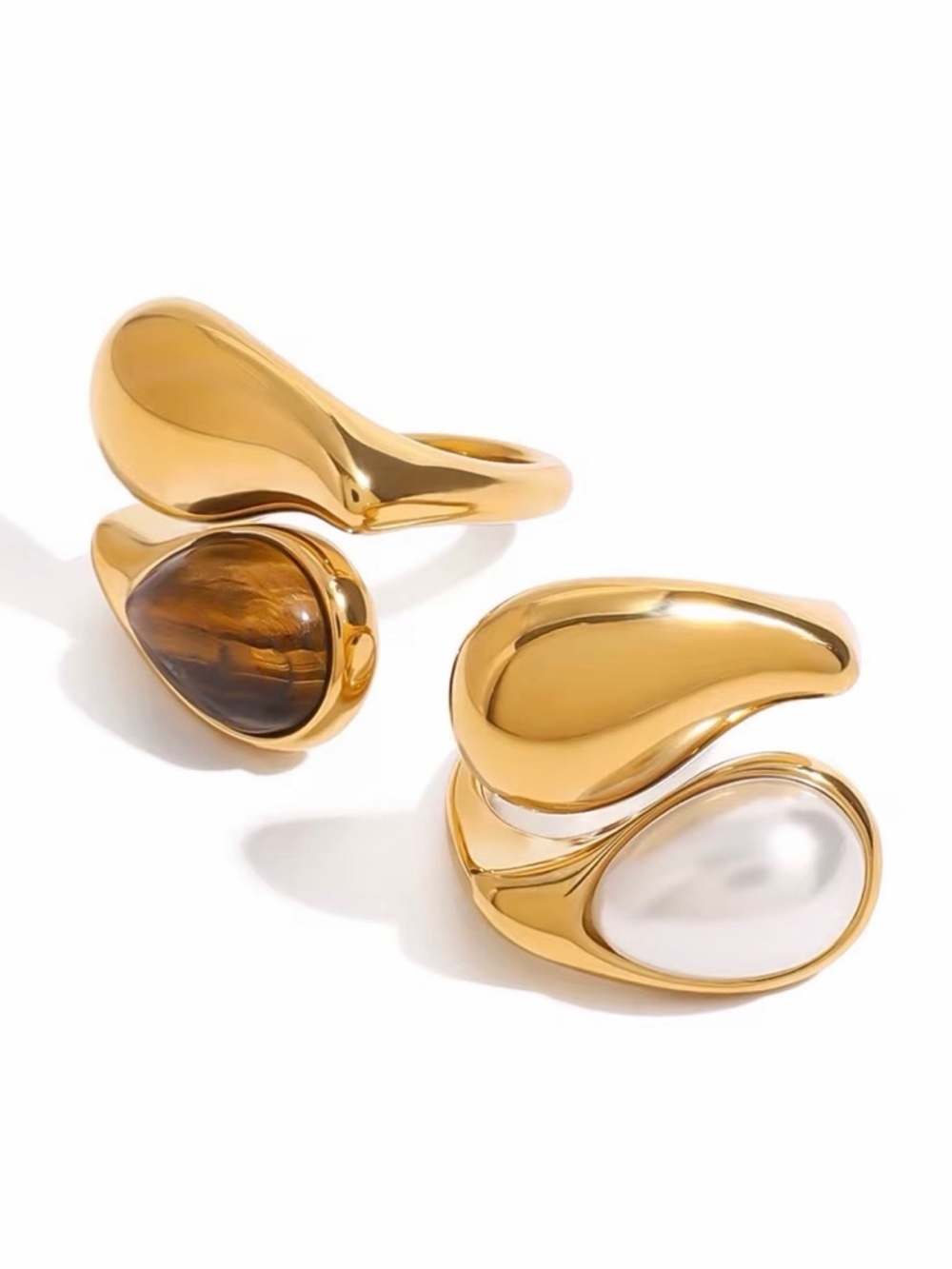Gold Pearl Teardrop Statement Ring Stainless Steel Waterproof - Picture 1 of 6